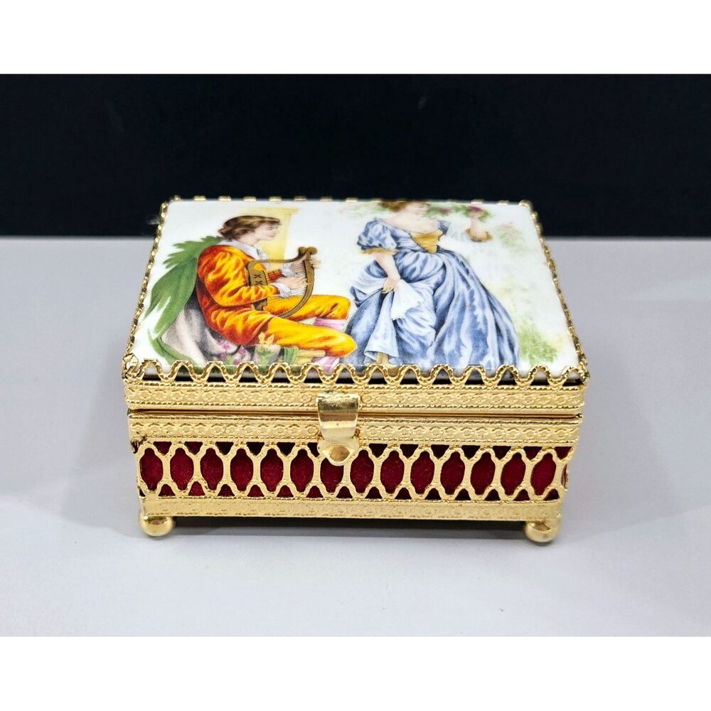 Vintage Gold-Plated Porcelain Trinket Box With Romantic Scene & Red Velvet Inter